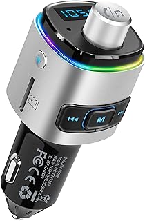 Nulaxy Bluetooth FM Transmitter for Car, 7 Color LED Backlit Bluetooth Car Adapter with QC3.0 Charging, USB Flash Drive, Support Voice Assistant, microSD Card, Handsfree Car Kit (Silver)