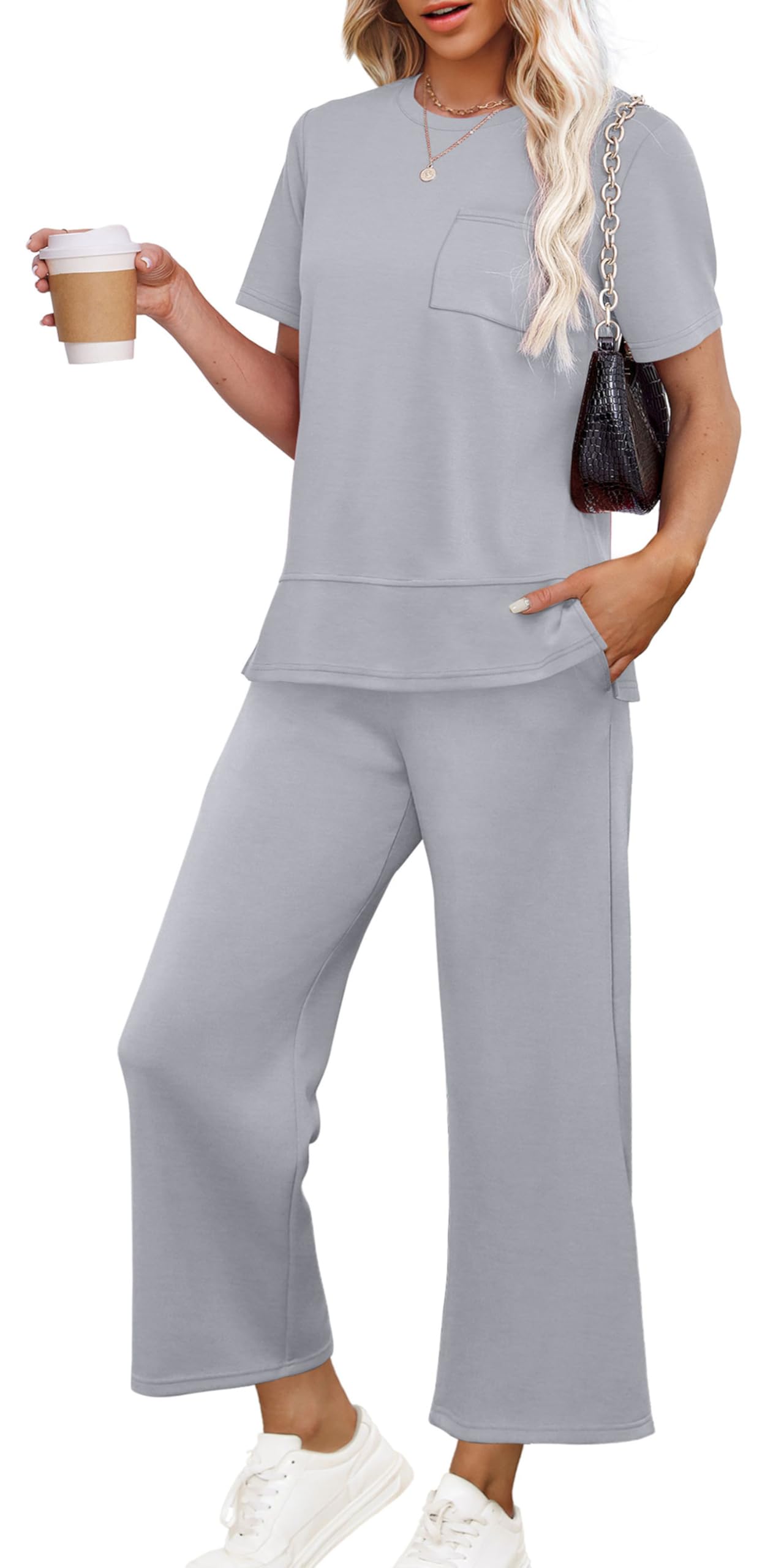 OFEEFAN Women's Lounge Sets Fashion Outfits Wide Leg Loungewear Side Slit Tracksuit for Vacation Travel Airport S-3XL