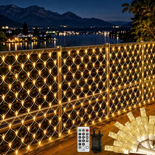 THKFUL 6x3M Lichternetz Außen mit Stecker- Lichterkette Netz mit Fernbedienung Timer- Kristall 408LED Garten Baum lichterkette Aussen-Wasserdichte für Büsche Zaun Hinterhof(Warmweiß)