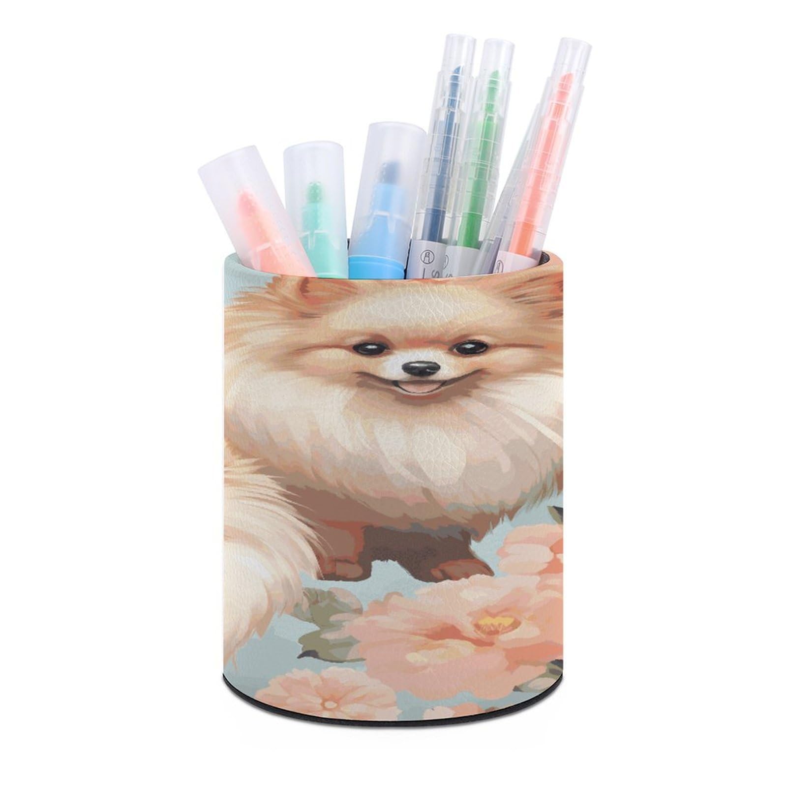 LDGSUPH Pomeranians Pattern Round Pen Holder Leather Pen Cup Pencil Cup Pen Organizer Pencil Holder for Desk Organizer Pencil Organizers Makeup Brush Holders for Home Office Gift