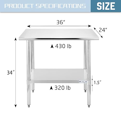 Vista 78 de Hally - Mesa de trabajo y preparación de acero inoxidable de 24 x 30 pulgadas, mesa comercial con certificación NSF de gran resistencia con estante