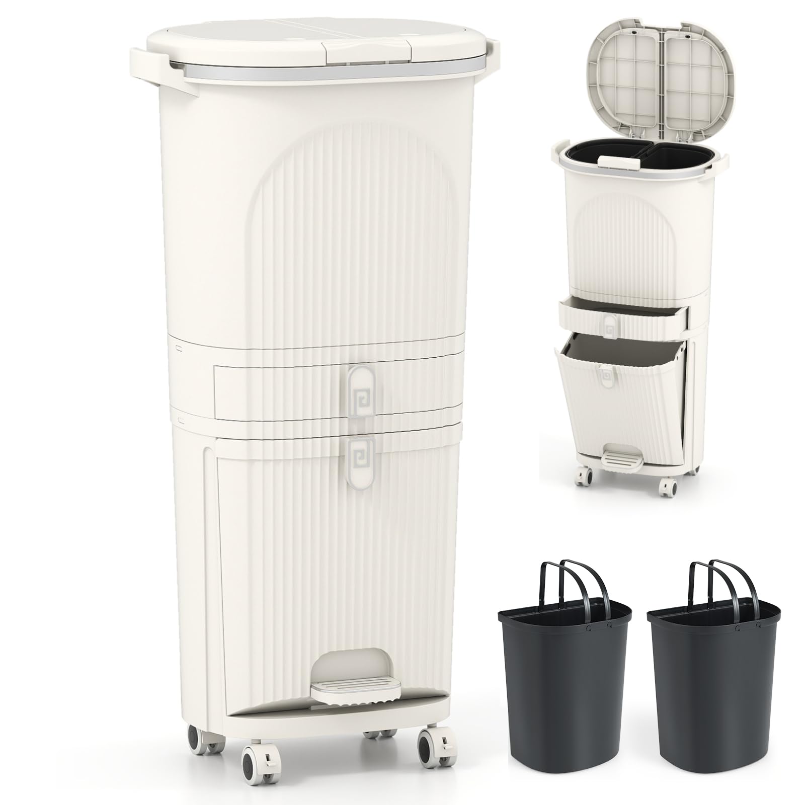 COSTWAY Recycling Bins, 38L/42L/43L Dry and Wet Separation Trash Can with 3 Compartments, Wheels, Stickers & Handle, Vertical Waste Separation System Pedal Garbage Can (Beige, 42L, 2 Lids, 1 Drawer) — image 1