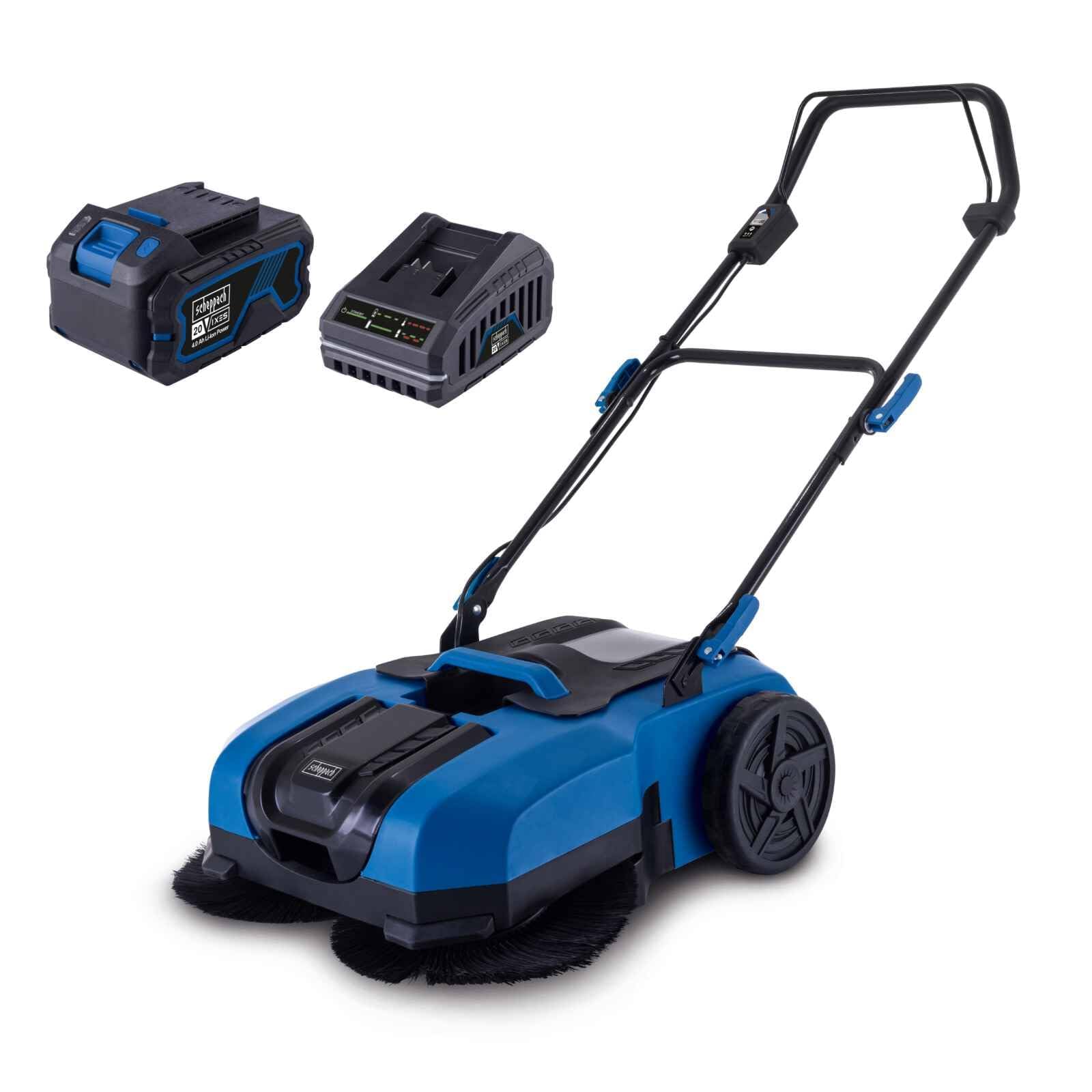 Scheppach Akku-Kehrmaschine C-S610-X, 610 mm Arbeitsbreite, max. Flächenleistung 2000 m² | Bürstengeschwindigkeit 160/190 / 220 U/Min | 20-V-IXES-Serie | inkl. 4Ah Akku & 2,4A Ladegerät