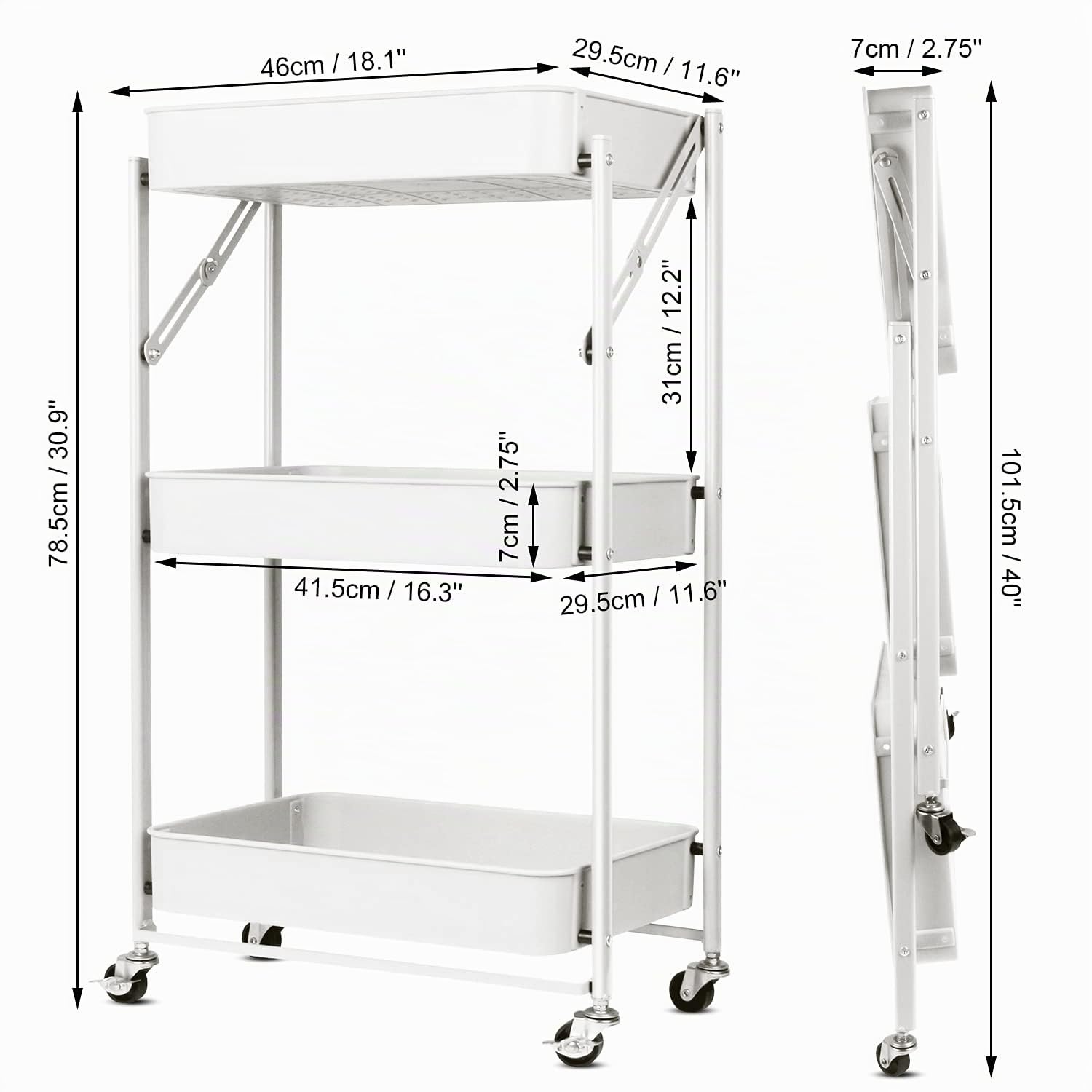 Todeco Carrello pieghevole a 3 livelli, carrello da cucina, senza assemblaggio, 46 x 29 x 78 cm, per cucina, ufficio, bagno, guardaroba, bianco