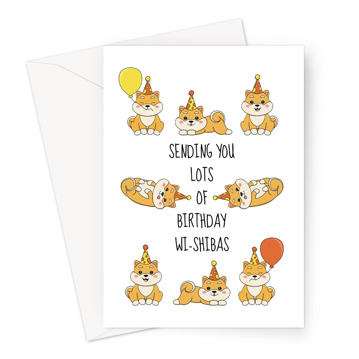 Cute Shiba Inu Birthday Card – Funny Dog Pun ‘Wi-Shibas’ Design – Adorable Party Shiba Dogs with Balloons – Blank Inside – A6 Greeting Card with Envelope