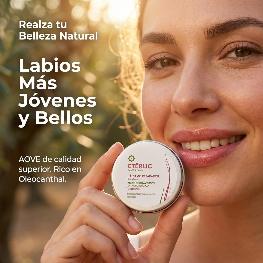 ETÊRLIC naturalny balsam do ust z opatentowanym olejem | Ekologiczny oliwa z oliwek z pierwszego tłoczenia, likopen, aloes vera, shea i wosk pszczeli | Nawilżanie, regeneracja i ochrona przeciwzapalna