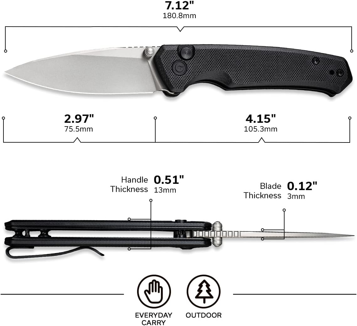 CIVIVI Altus Pocket Folding Knife with Button Lock and Thumb Stud Opener, 2.97" Nitro-V Silver Bead Blasted Blade Black G10 Handle C20076-1