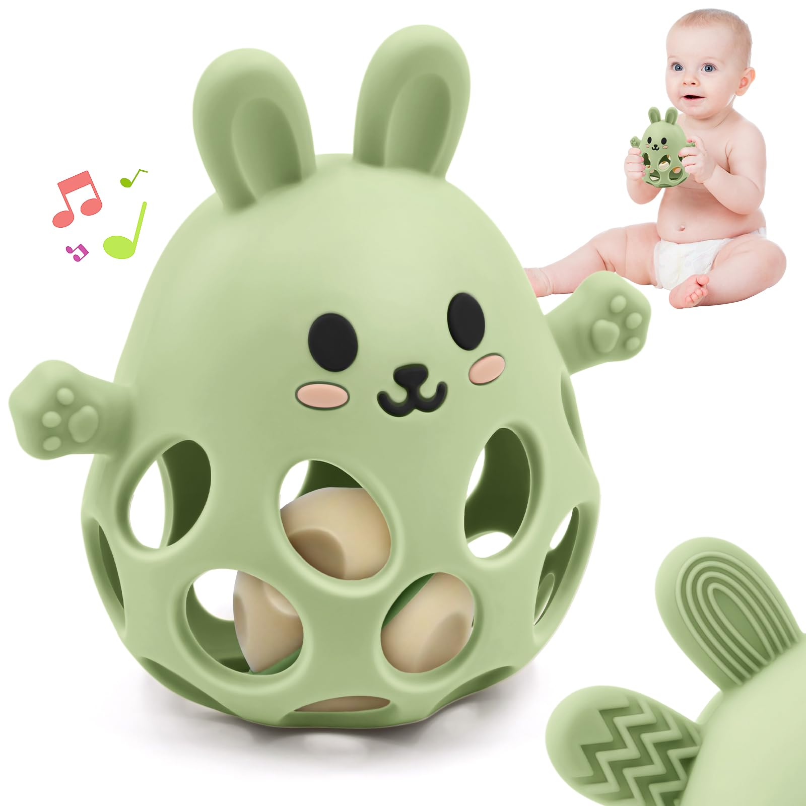 Forma de Conejito Alivio de la Dentición Mordedor Juguetes para Bebés, Mordedor Seguro con Sonajero, Blandito y Fácil Agarre Silicona Alimenticia, Juguete 3 6 9 12 18 Meses Niño Niña Autismo, Verde