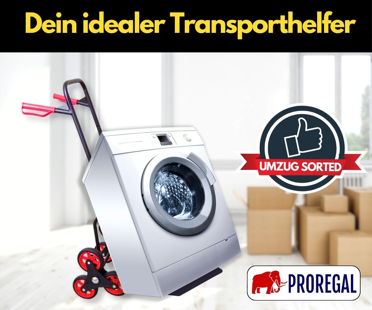 PROREGAL Klappbarer Profi-Treppensteiger Taurus 150kg TÜV Zertifiziert pannensichere Vollgummibereifung 110x45x61cm Rot-Schwarz Sackkarre Transportkarre Staplerkarre
