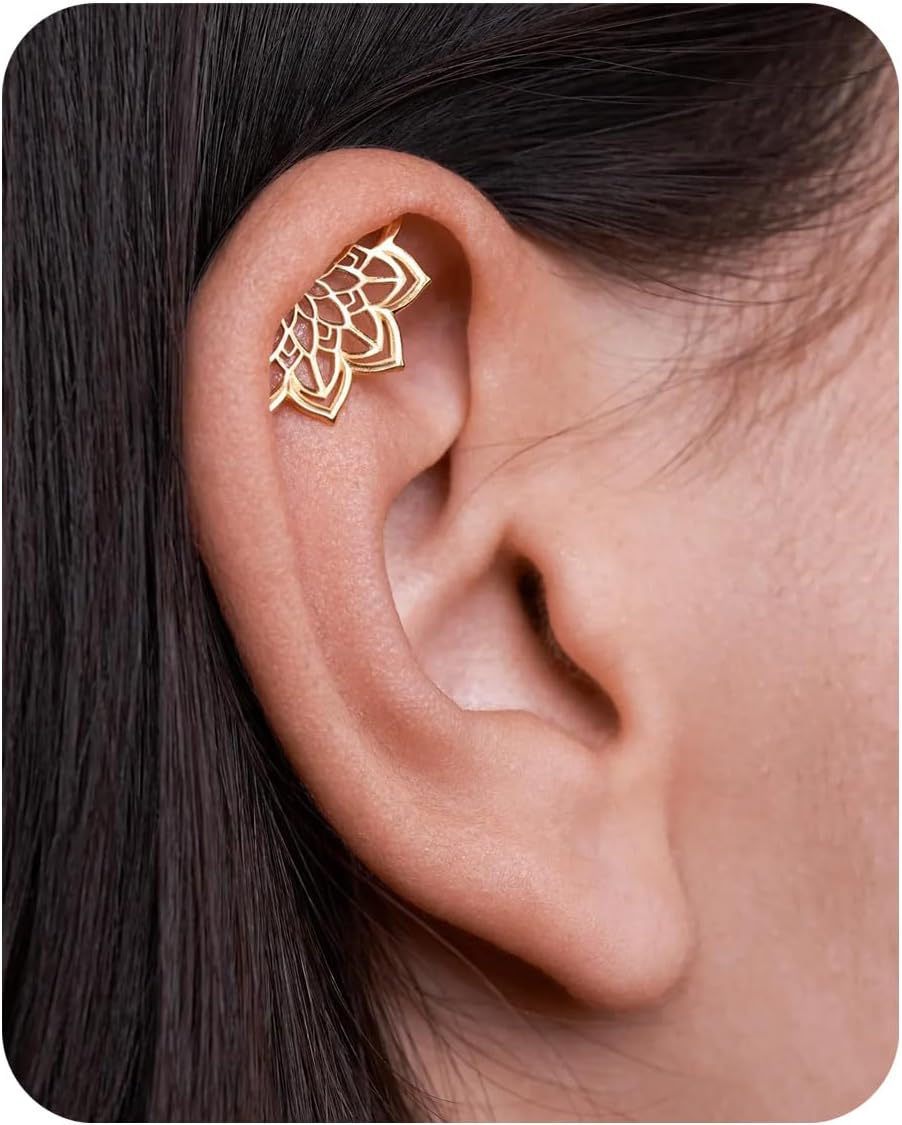 18G 16G Titanium Flat Back Boho Helix Earring Geometric Mandala Lotus Flower Hidden Helix Piercing Cartilage Tragus Earrings for Women Bohemian Spiritual Jewelry