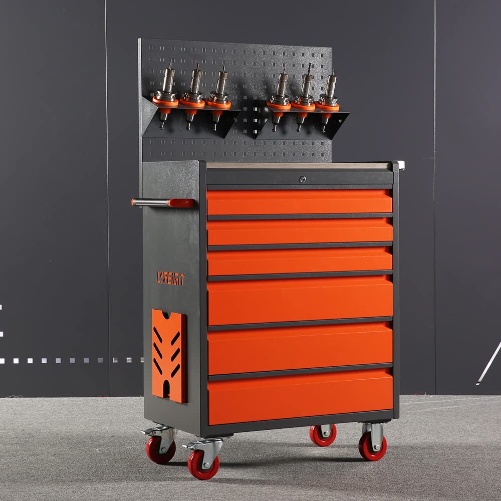 Carro de herramientas CNC, armario de herramientas con cajón, carro, gran capacidad de seis cajones con cerradura, rodante, BT30/40, HSK63 naranja y gris