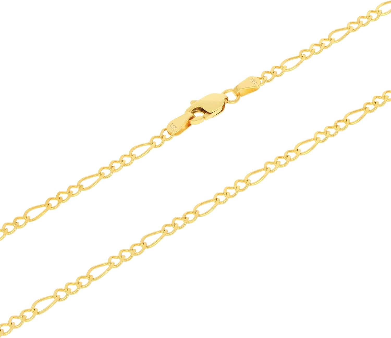 Nuragold 14k Real Yellow Gold Solid Figaro Link 2.5mm Chain Necklace (16"-30") Italian Jewelry for Men & Women