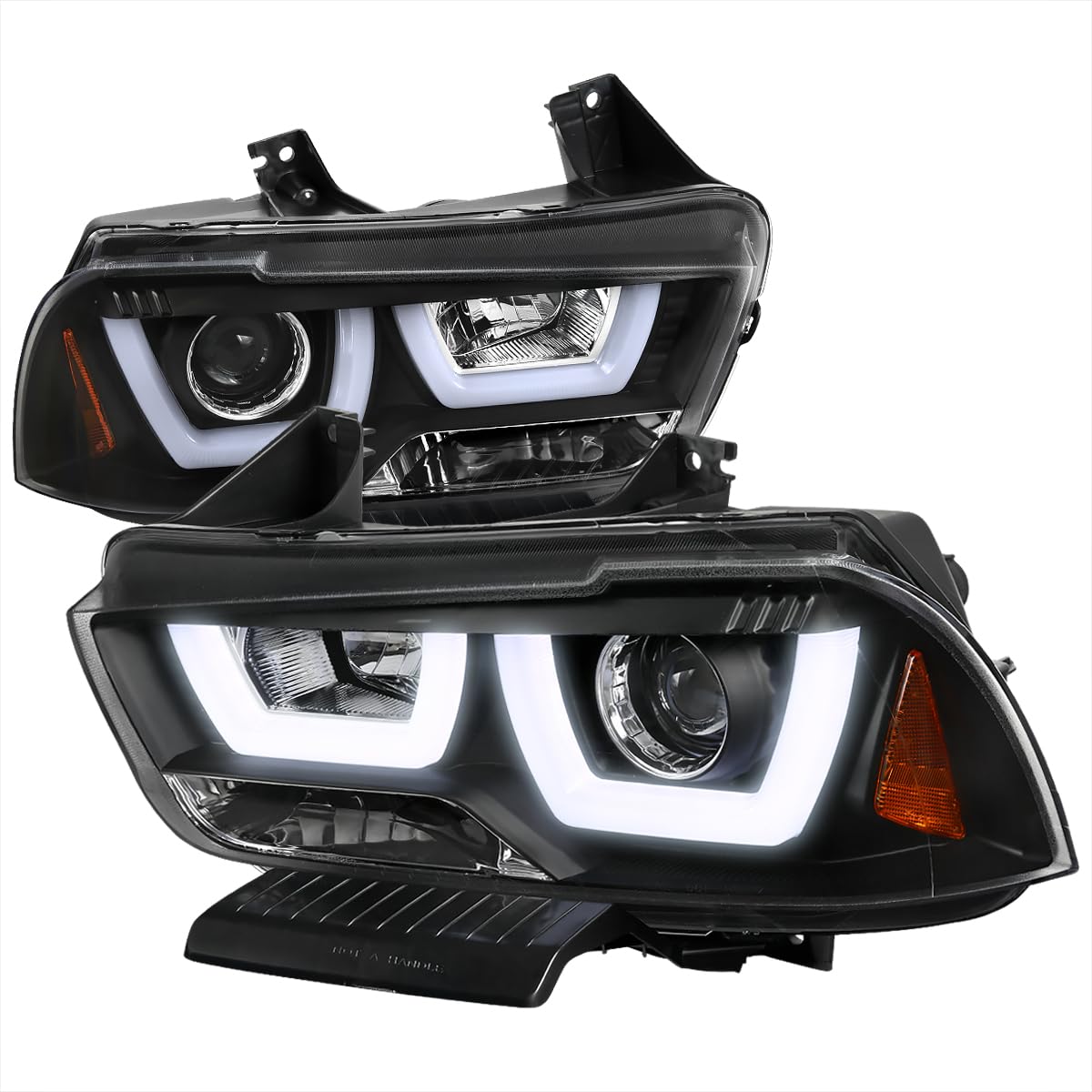 SPEC-D TUNING Dual Halo LED Black Projector Headlights Compatible with 2011-2014 Dodge Charger, Left + Right Pair Headlamps Assembly