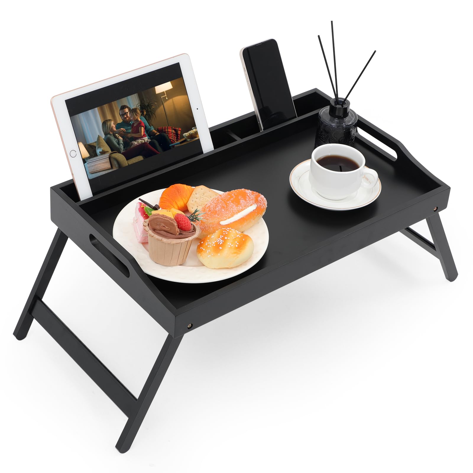 Unibos Bamboo Bed Tray Table with Handles & Foldable Legs, Multipurpose Lap Desk for Breakfast in Bed, Sofa, Platters, Working, Drawing, Laptop Stand, Snack Tray with Media Slot