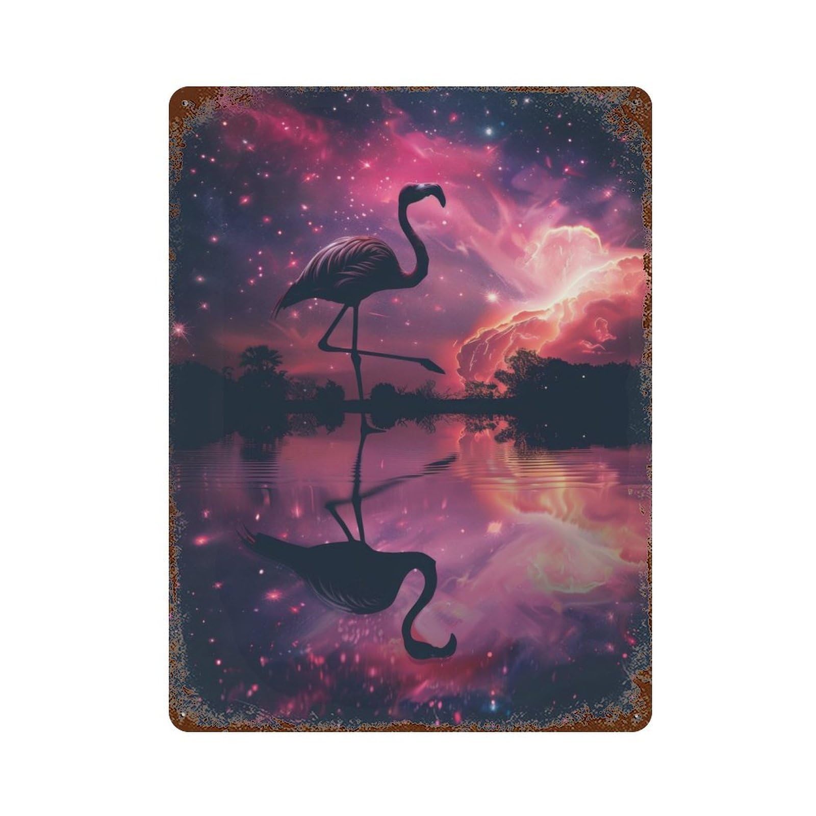 Flamingo Silhouette Galaxy Decorative Tin Sign 15.7"x11.8", for Bistro, Counter And Cafe Decor, Retro Wall Decor