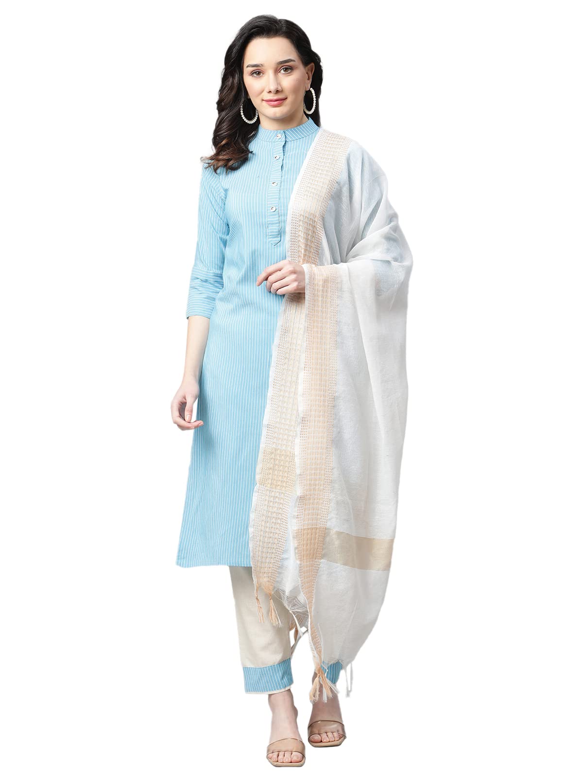 Dhruvi Trendz Women Cotton Blend Fancy Kurta Set Regular Fit Printed (Dt-K2621&P87&D35_Turquoise_S)