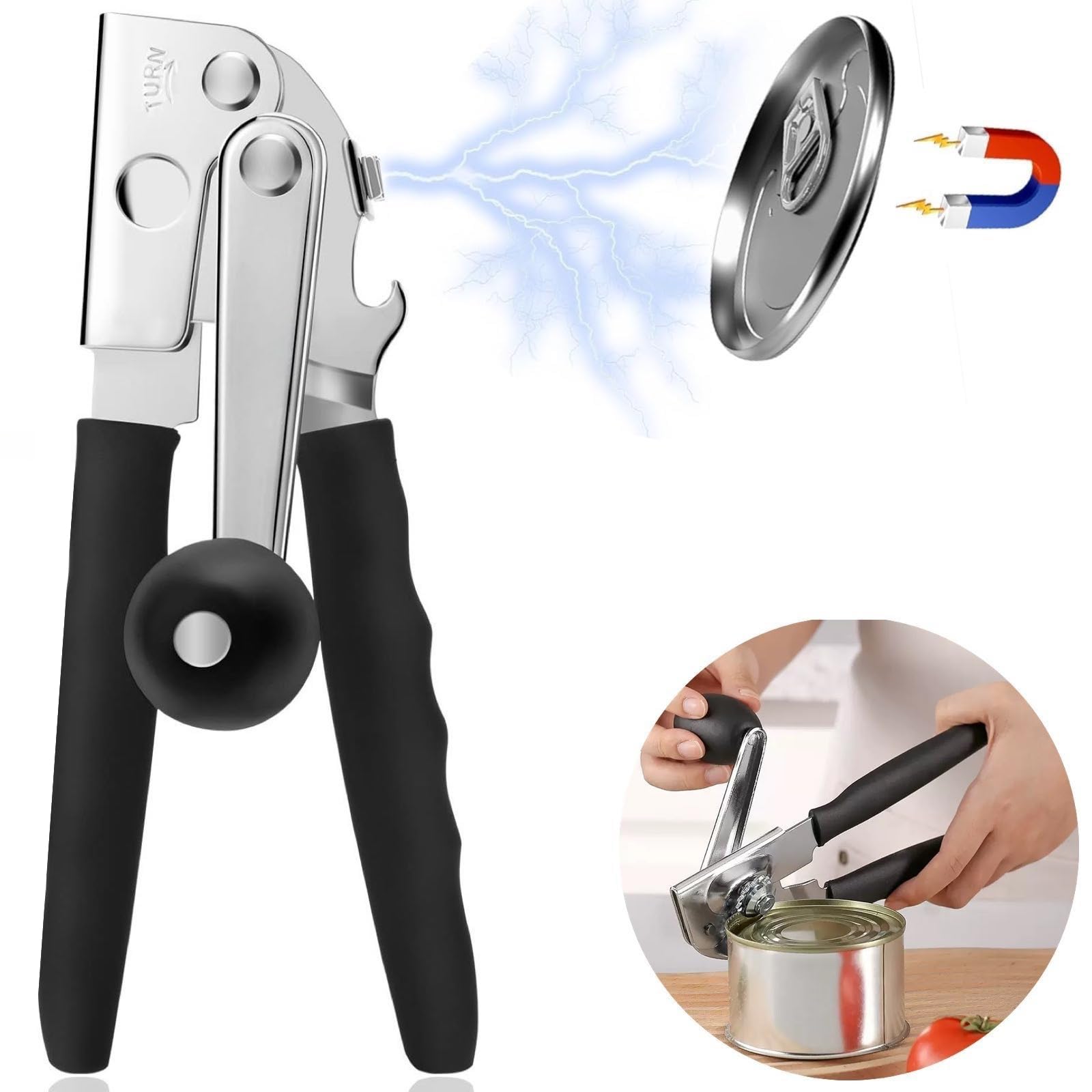 Apriscatole professionale in acciaio inox con impugnatura comoda, funzionamento manuale, bordo liscio, per anziani e cucina (nero)