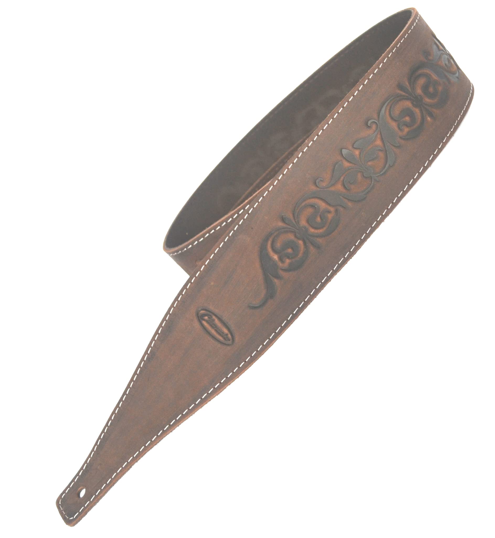 Clearwater Guitar Strap Electric Acoustic or Bass Dark Brown Leather embossed Fleur De Lis style design