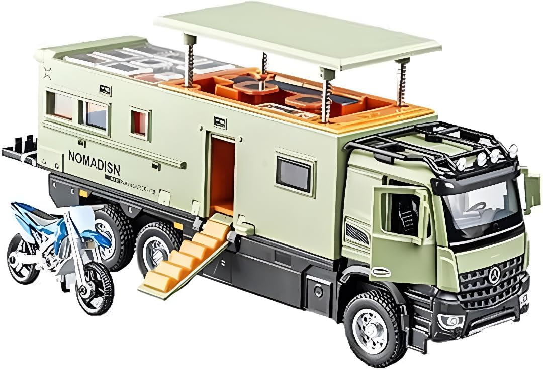 1:24 Scale Benz Camper RV Motorhome Diecast Truck Toy Model with Pull Back Action, Opening Doors & Roof, Light & Sound, Mini Motorcycle Included, Collectible Vehicle for Kids Boys Girls-image-9