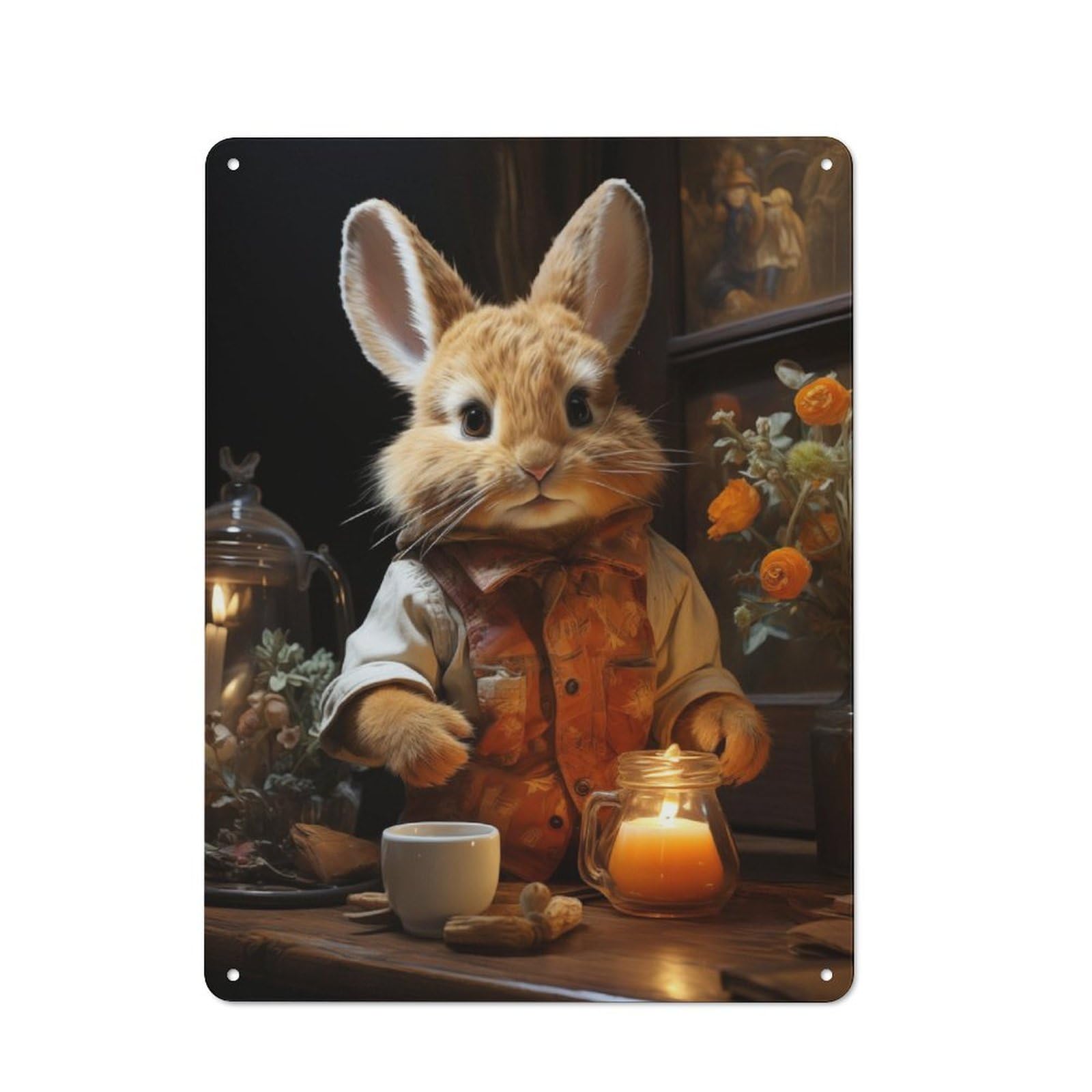 Junmoney Cute Bunny Tea Time Industrial-Style Tin Sign 40X30cm For Garage Or Workshop, For Garage, Workshop And Man Cave Decoration