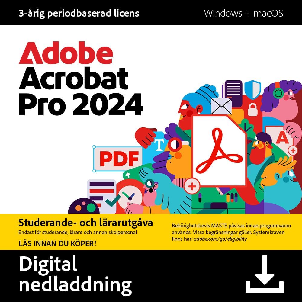Adobe Acrobat Pro 2024 |Studerande-och lararutgava| 3‑årig licens | PDF‑redigerare för dator | Redigera, konvertera & skydda | Offlineanvändning | Nya funktioner 2024