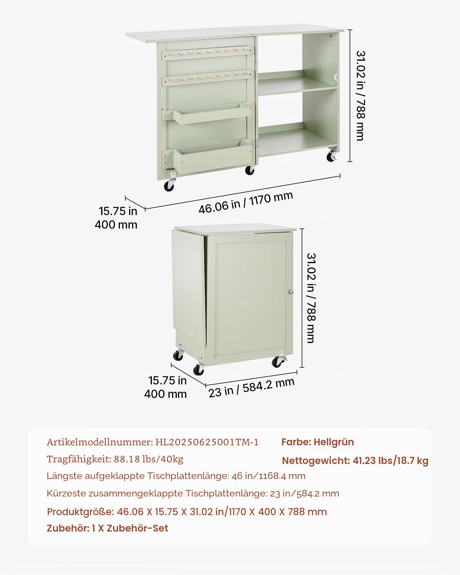 VEVOR klappbarer Nähtisch Nähmaschinentisch mit kompaktem Design & Ablagefächern & Holzklammern & magnetischem Türschloss, Mehrzwecktisch für Modestudio Kunststudio Zuhause, Hellgrün