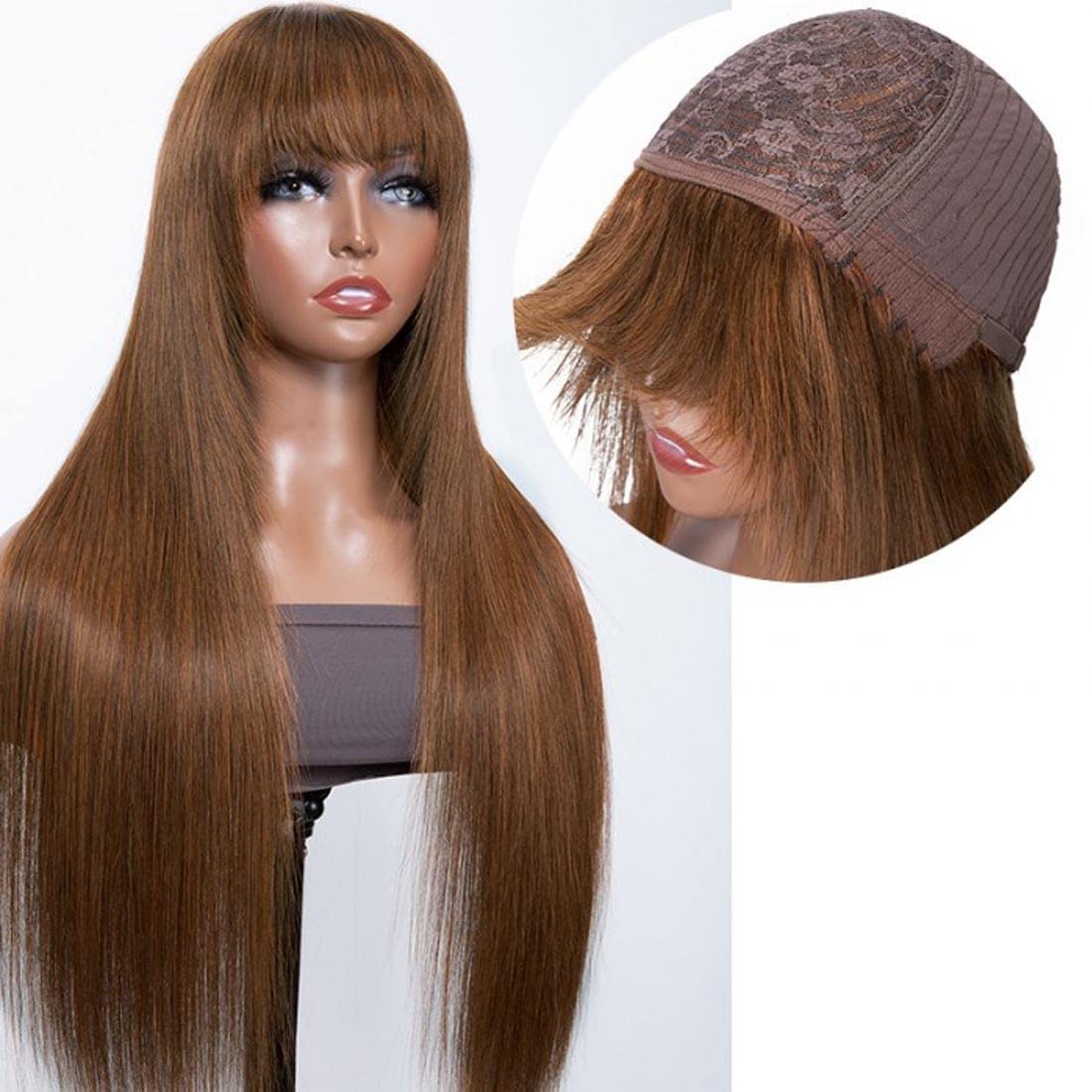 Straight Human Hair Wigs with Bangs Chocolate Brown Layered Cut Glueless Wigs Human Hair Ready to Wear Wig 4# Brown Wig Human Hair Color 16 inch - Image 3