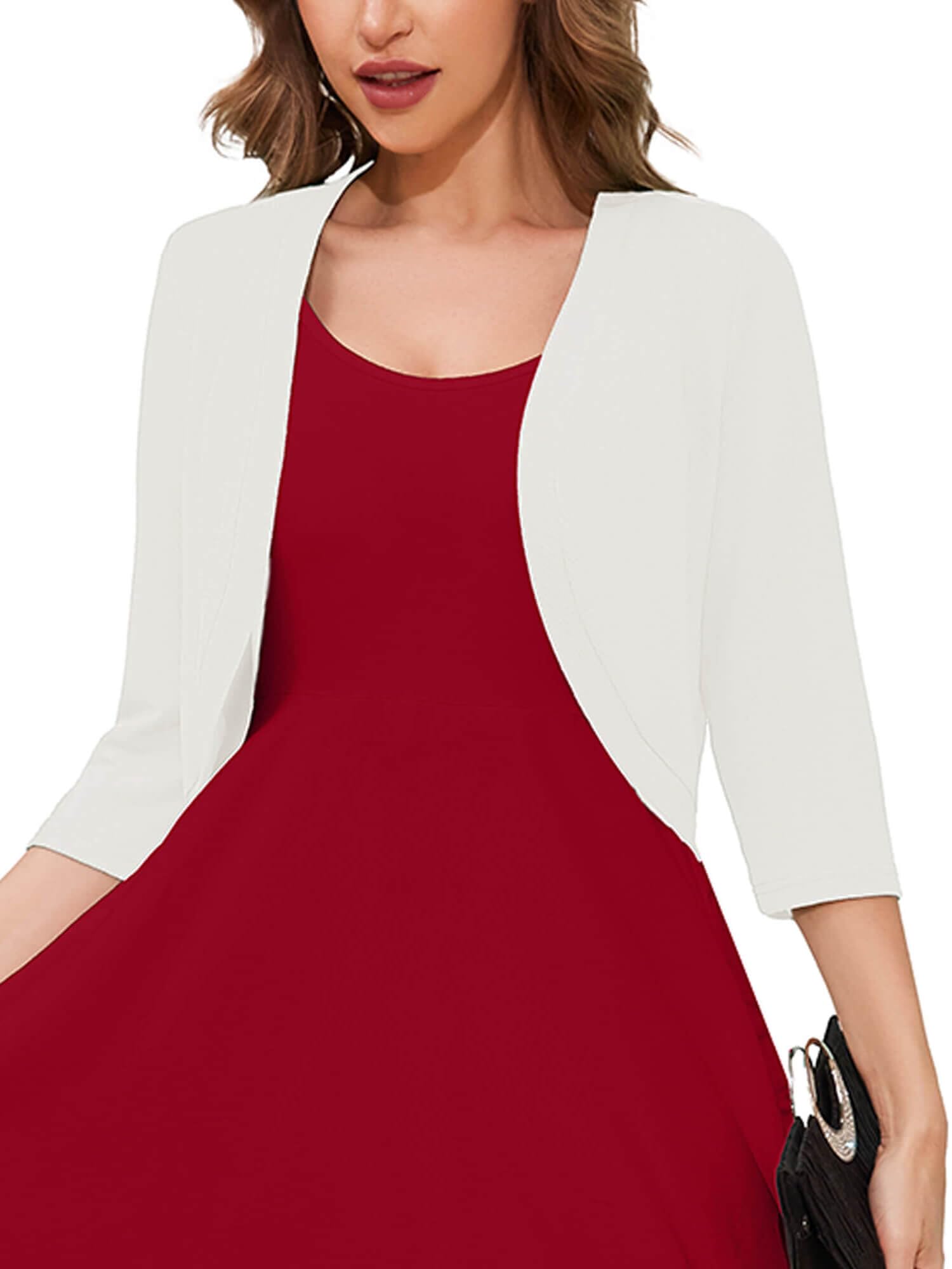 3/4 Sleeve Open Front Lightweight Cropped Bolero Shrug Cardigan | Soft breathable knit, 3/4 sleeve cropped cut, open front layering, versatile cover up for dresses, women's casual fit