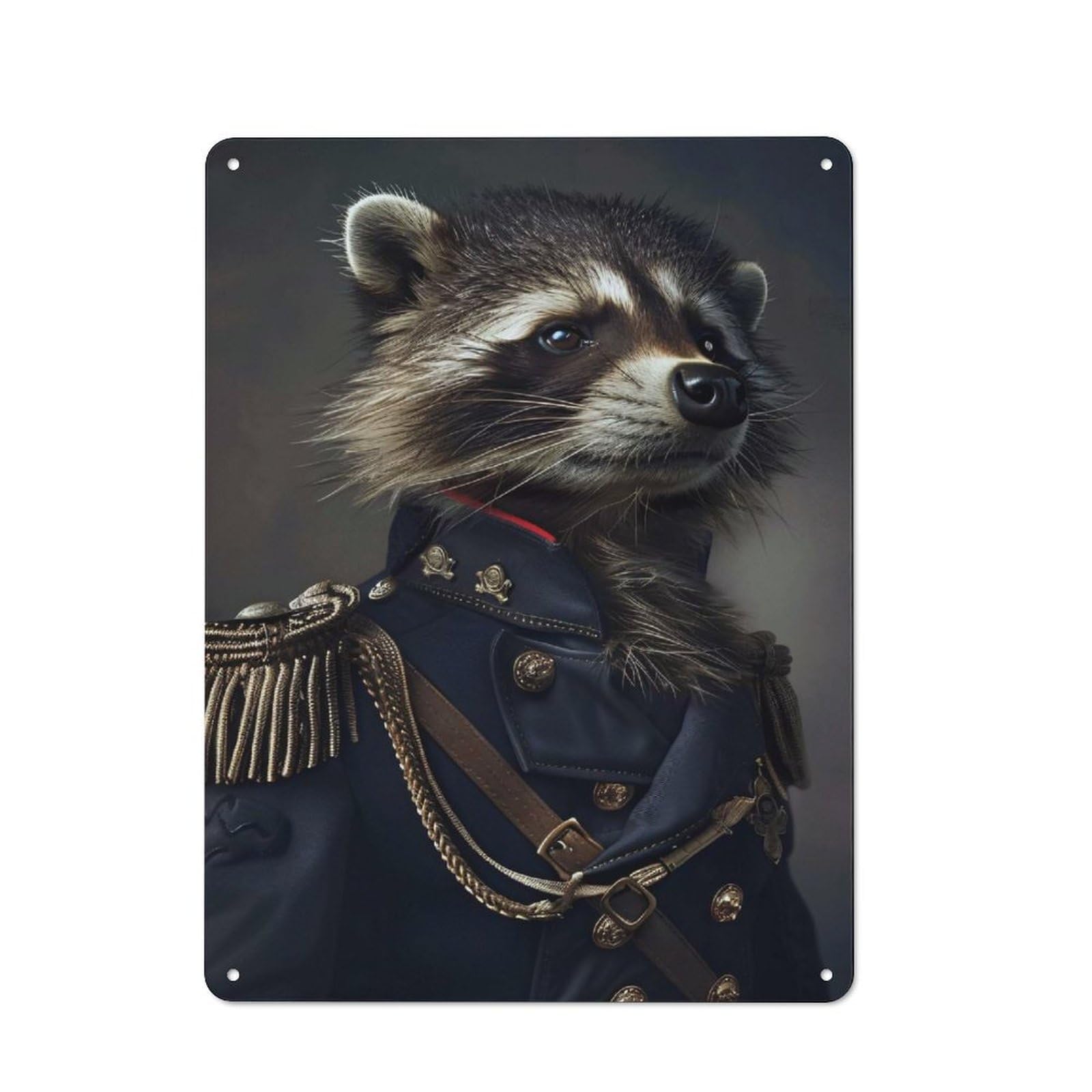 Raccoon in Military Uniform Rustic Metal Wall Decor 40x30cm, Decorative Metal Plaque for Shed, Garden Room, Porch Or Garage