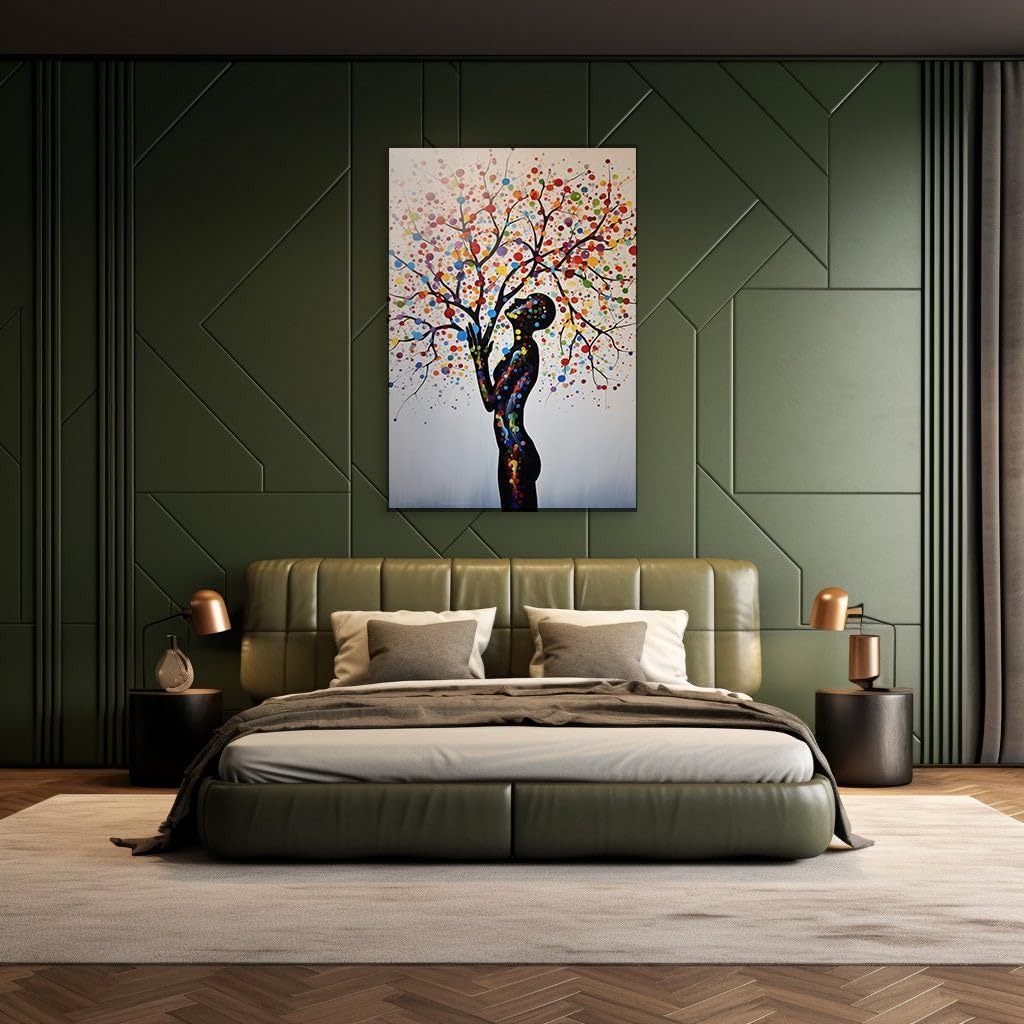 Canvas for Living room. Dotted Dreamscape: A Person and Tree in a Wash of Colors, 27 x 18 inch Canvas Wall Art - Contemporary Masterpieces - Inspirational Office Decor