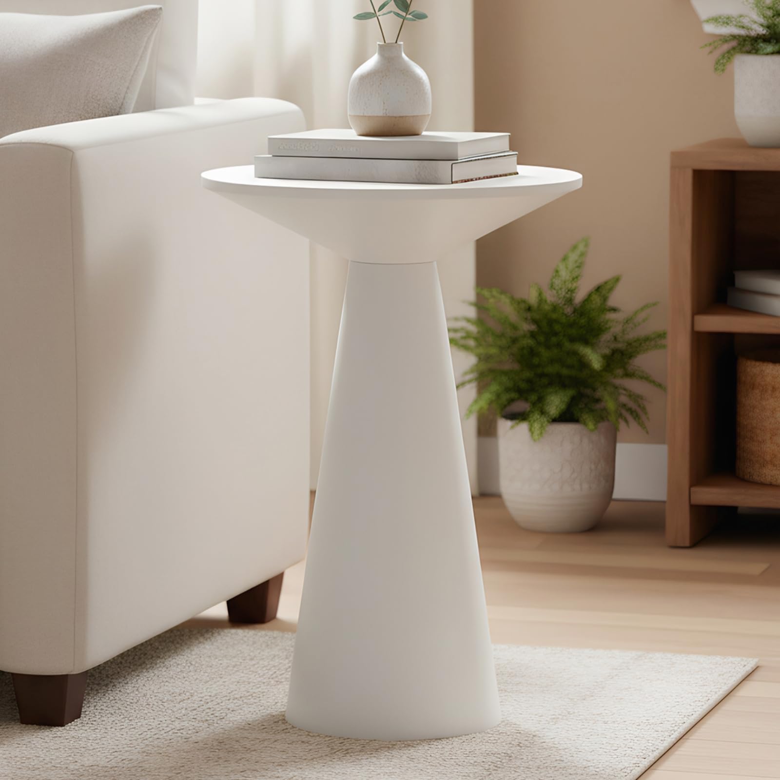 Table d’appoint Ronde en Bois, Petite Table Basse Ronde pour Salon, Table Balcon Couleur Blanc, Bout de canapé étroit ou Table de Chevet, guéridon Moderne Style Farmhouse, Ø34×50cm