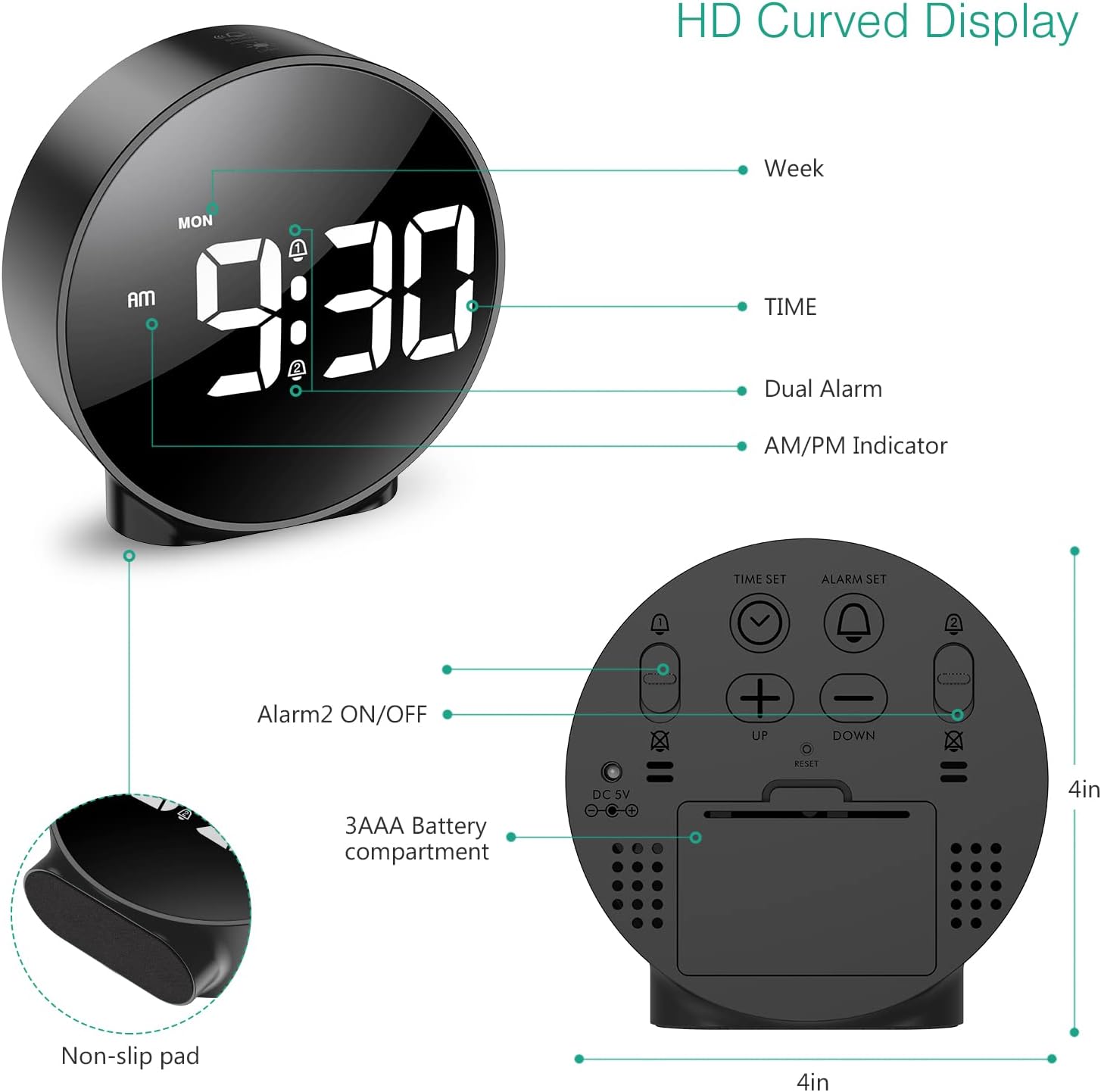 Detailed view of the back of the ORIA Digital Alarm Clock with labeled buttons and ports