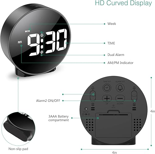 Miniatura 4 de ORIA Reloj despertador digital, pantalla LED HD, reloj de mesa simple, reloj de escritorio electrónico, alarma dual, 12/24 horas, 4 brillo ajustable
