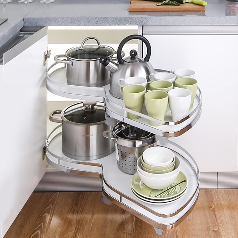 Bandeja Oscilante Extraíble de 2 Niveles para Rincón Ciego, Organizador de Gabinete de Cocina para Gabinetes 900-1000mm, Almacenamiento Rotativo para Especias y Utensilios