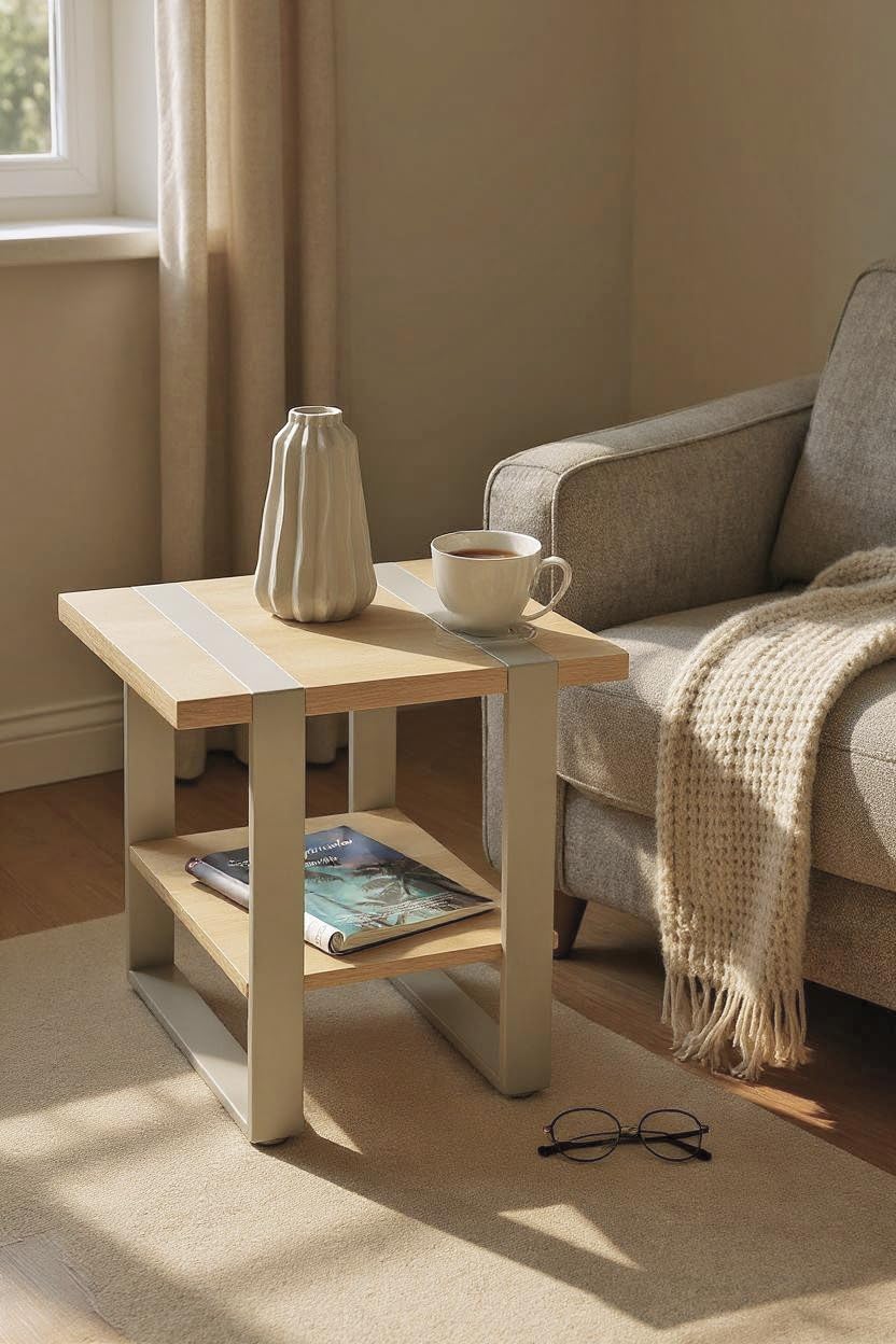 HAKU Table d'appoint en chêne Naturel, métal Gris Cachemire, aggloméré, Table de Salon de Style loft Industriel - Dimensions : L 45 x H 45 x P 45 cm Style : Moderne