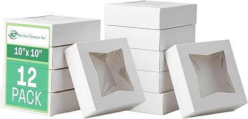 SCT - Caja de panadería de ventana blanca (paquete de 12) de 10 x 10 x 2.5 pulgadas, contenedores desplegables automáticos para tartas, paquete de
