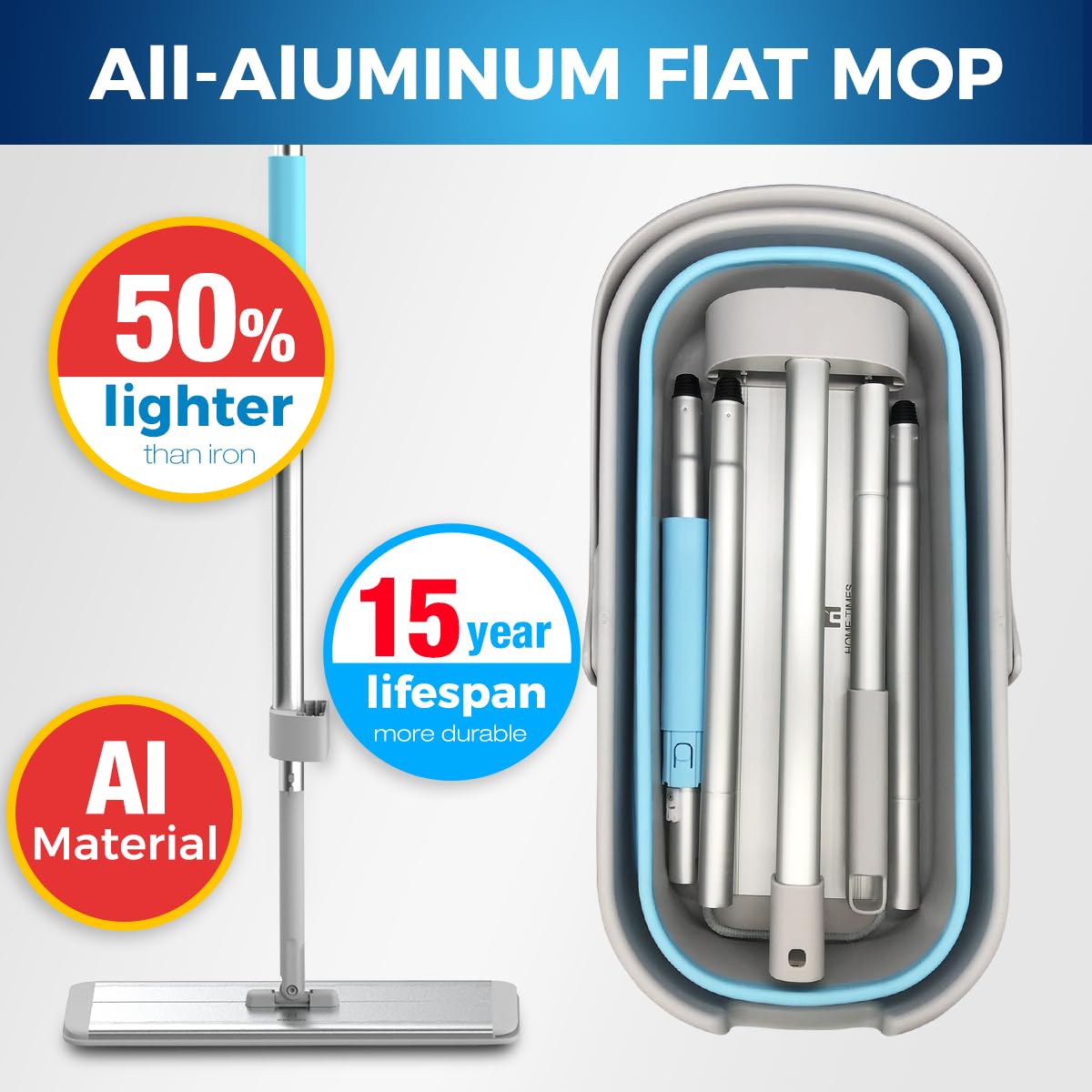 Wischmopp mit faltbarem Eimer Bodenwischer mit Auswringfunktion, Mikrofaser Flachmopp Komplett Set für alle Hartböden