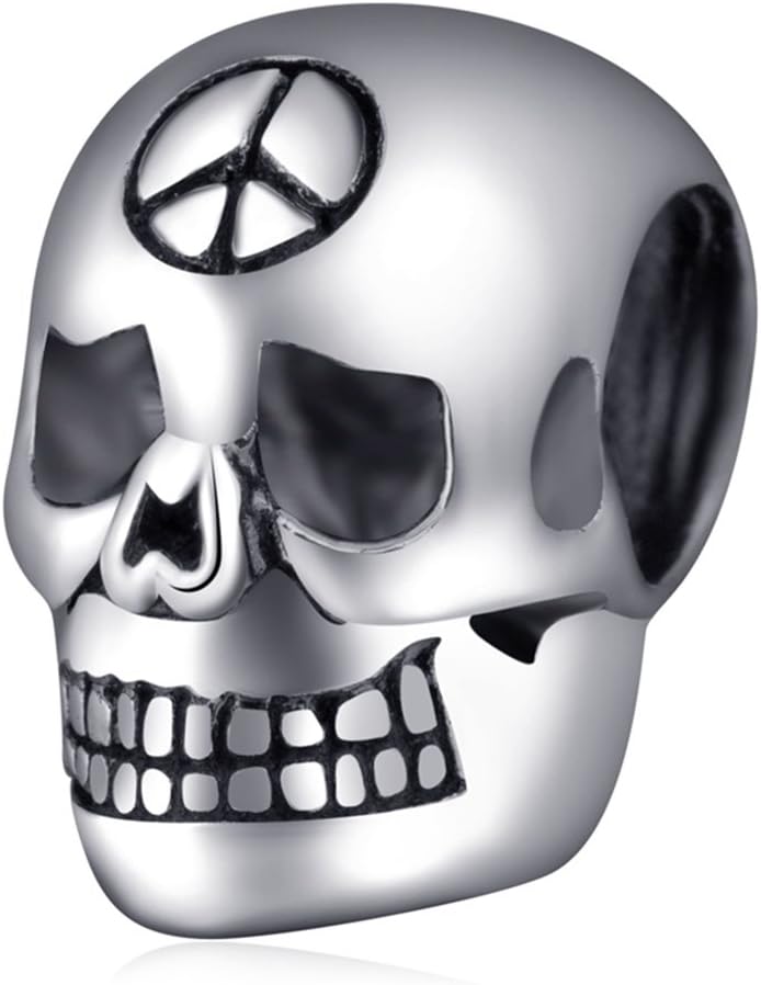 Soulbead Haloween Gift 925 Sterling Silver Terrible Skull Charm with Peace Sign Bead for Bracelet Compatible