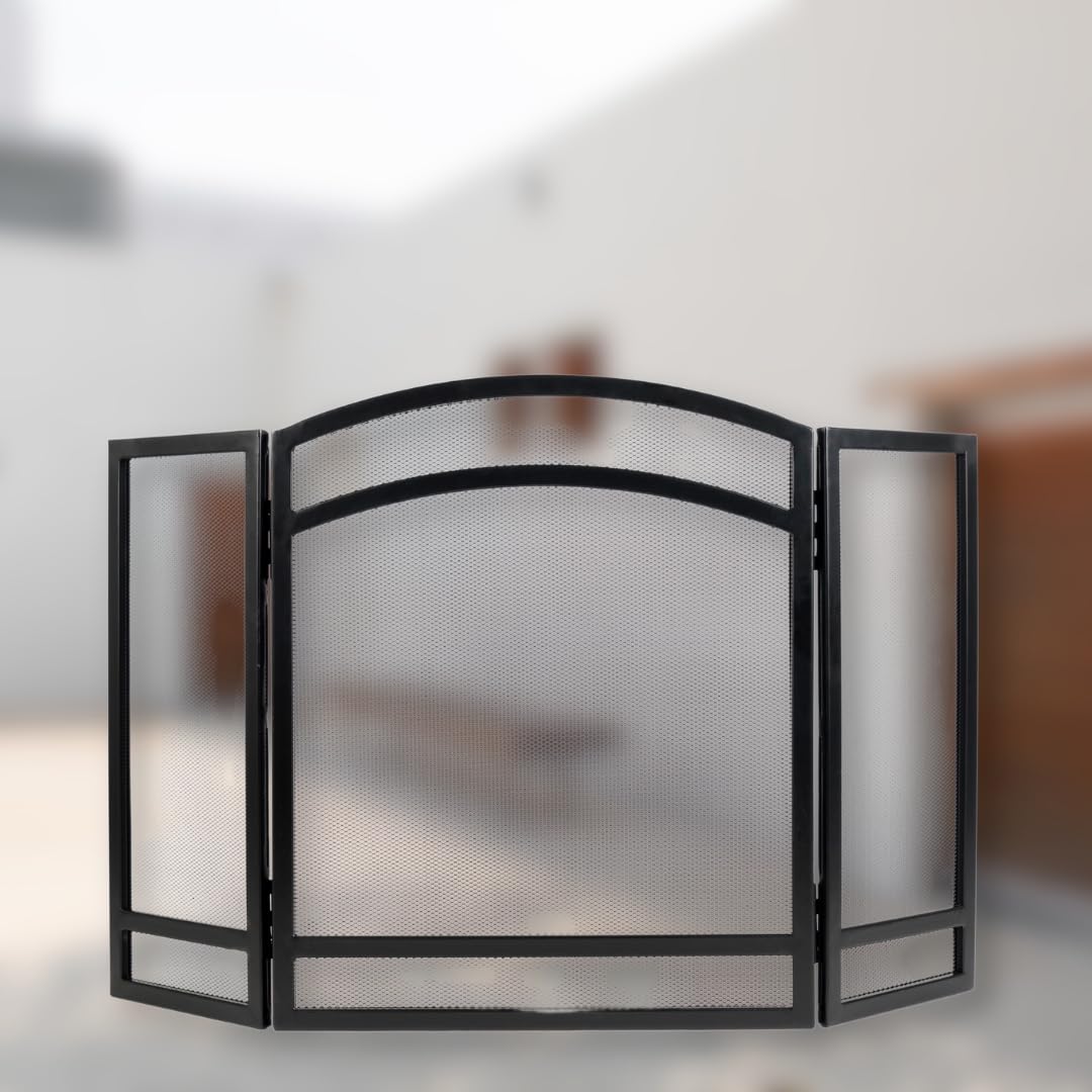 Caliente Black Curved Three Fold Fire Screen – Decorative Fireplace Screen with Mesh Panels – Durable Metal Fire Guard for Spark Protection & Elegant Hearth Décor