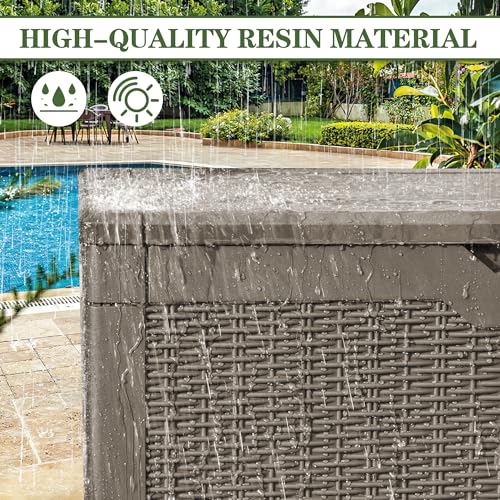 Image of Greesum 100 Gallon Resin Deck Box Large Outdoor Storage, Imitation Rattan Weave Texture for Patio Furniture, Garden Tools, Pool Supplies, Weatherproof and UV Resistant, Lockable, Light Coffee