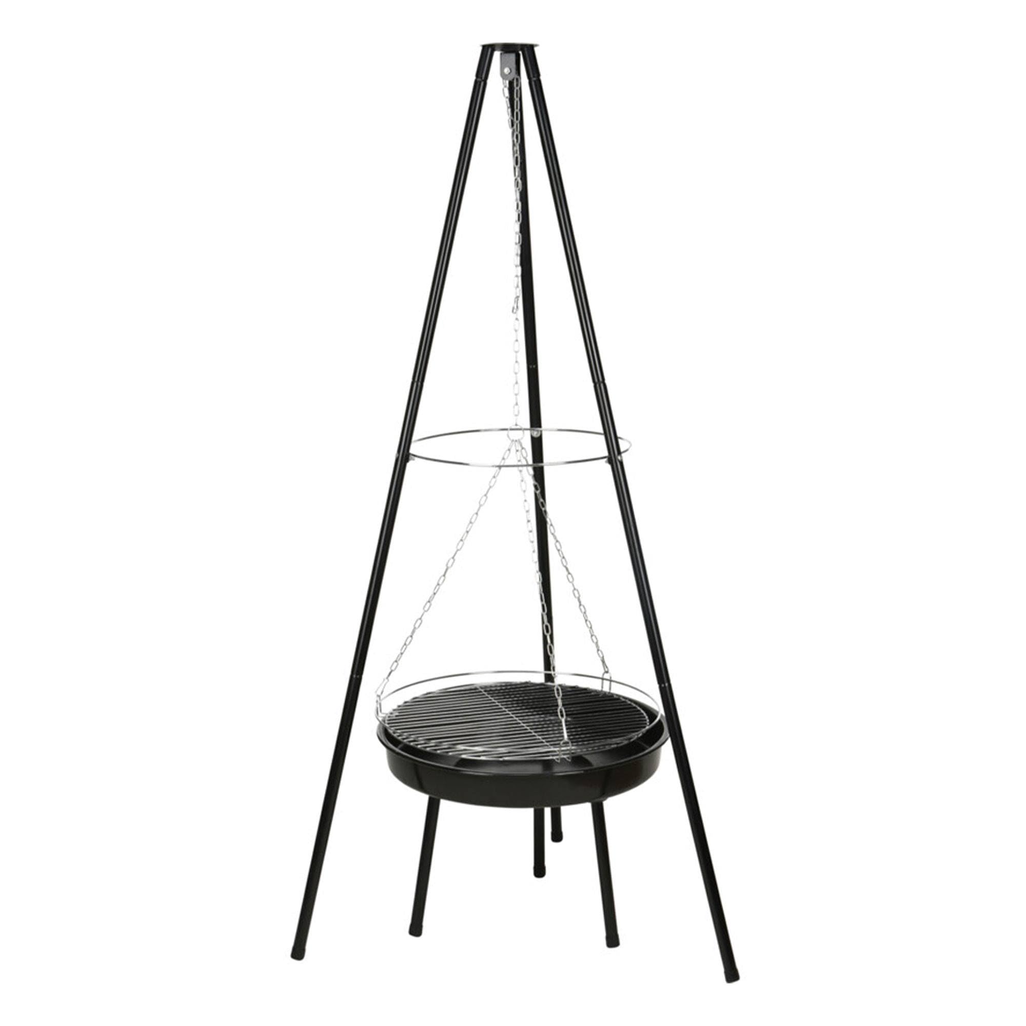 Trépied BBQ en acier Well Home : grille suspendue réglable pour cuisson feu de bois