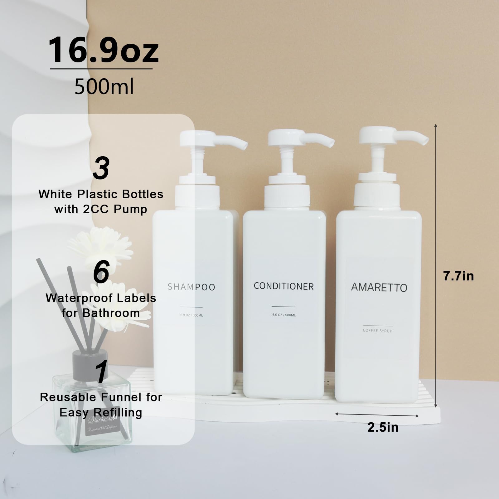 Shampoo and Conditioner Dispenser, Refillable Plastic Shampoo Pump Bottles with Waterproof Labels - Image 2