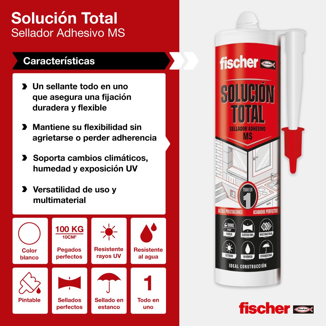 fischer 570946 - Całkowity roztwór Biały, Uszczelniacz Klej MS, klej, uszczelnia i naprawy, wewnątrz i na zewnątrz, wodoodporny | Polimer MS | 290 ml
