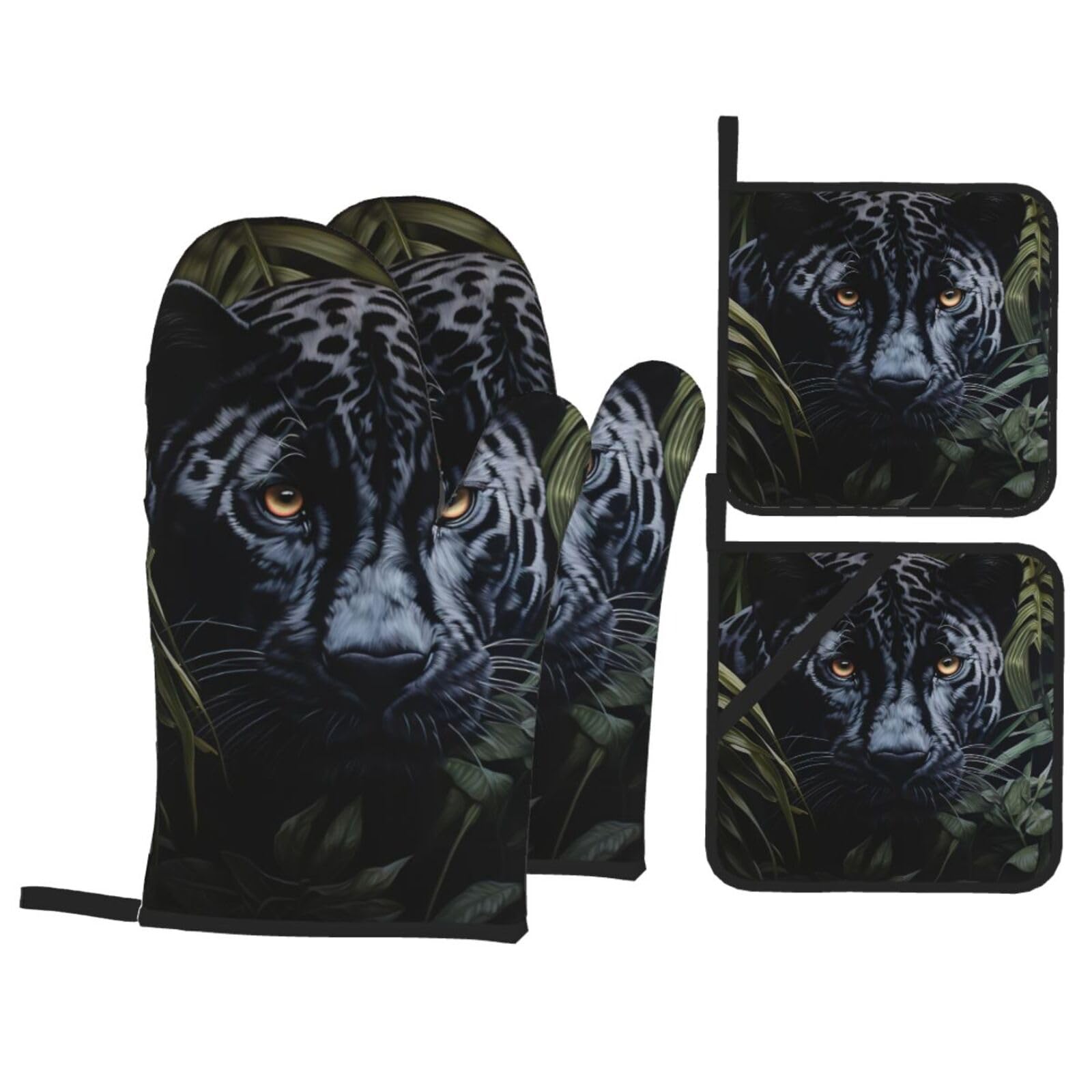 Black Leopard Print Print 4-Piece Oven Microwaving Set Kitchen Gloves for Holiday Cooking Baking Grilling