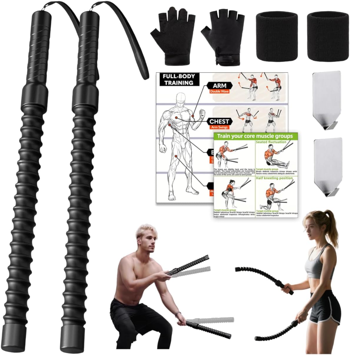 Ropeless Battle Ropes – Weighted Portable Workout Ropes for Home Gym, Cordless Jump/Arm Exerciser with Non-Slip Gloves & Training Poster – HIIT, Low-Impact Cardio & Strength/Muscle Training(2PCS)