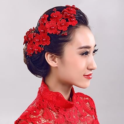 Wyz Tocado De Flor De Corona Flores Corona Flores Rojas Perla Artesanal Adornos De Pelo Cabeza De La Novia Cabeza Flor De Tocado Corona De Flores Corona Color Rojo Amazon Es