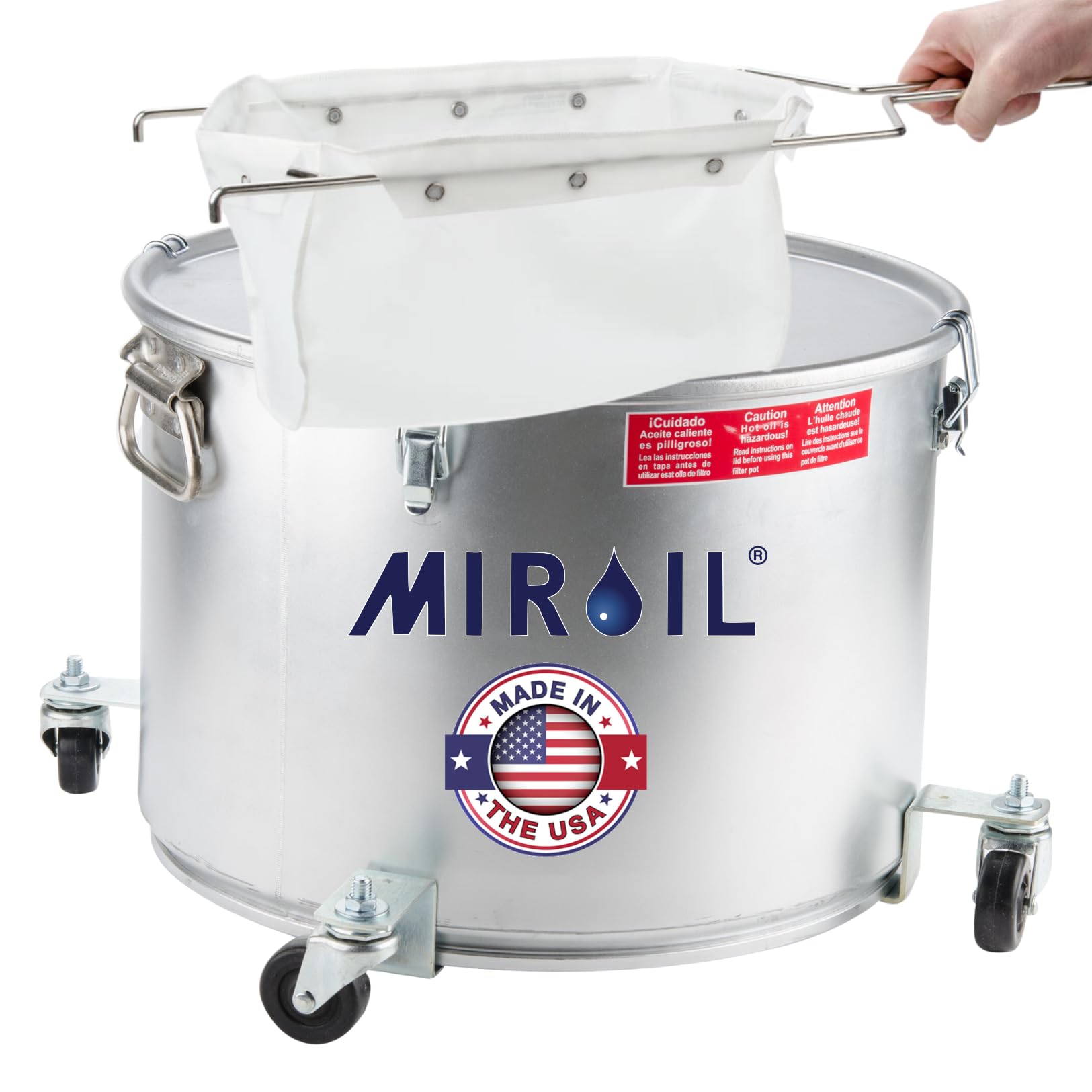 MirOil Filter Pot Combo - Oil Pot & Filter Bag (7 Gallon) – Heavy Duty Steel Disposable Caddy with Castor Wheel and Lid for Commercial Kitchen Storage - Grease Container for Kitchen – Model #60LC
