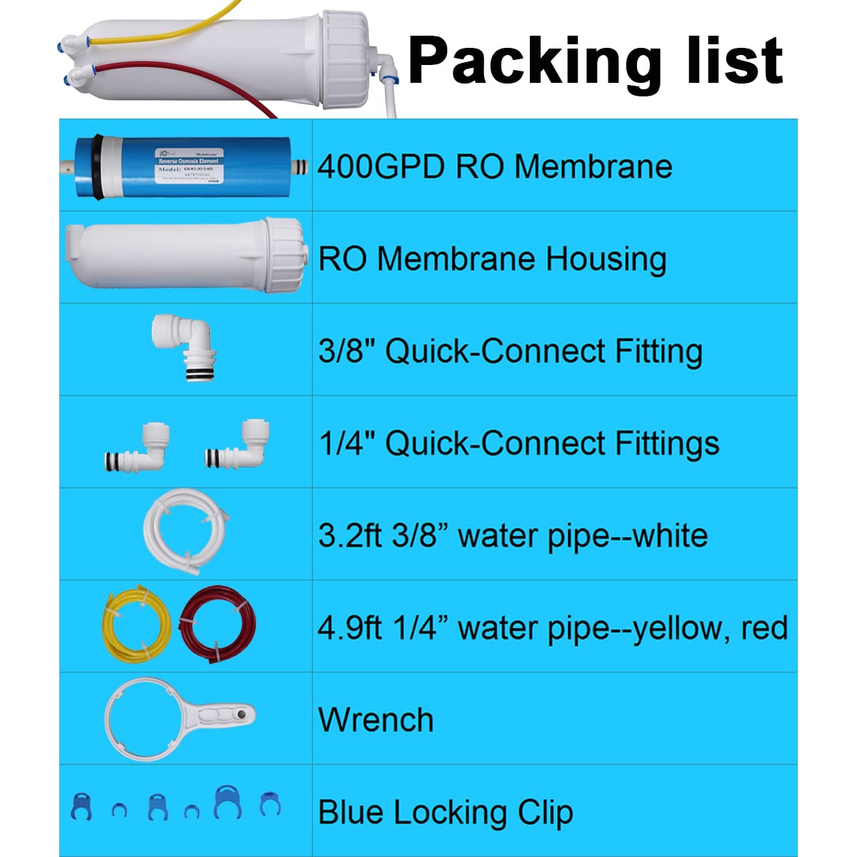 HUINING Kit di membrana di osmosi inversa 3012-400GPD, giunto rapido 3/8 1/4, tubo d'acqua, set completo di chiavi, compatibile con il sistema di filtrazione dell'acqua domestica.