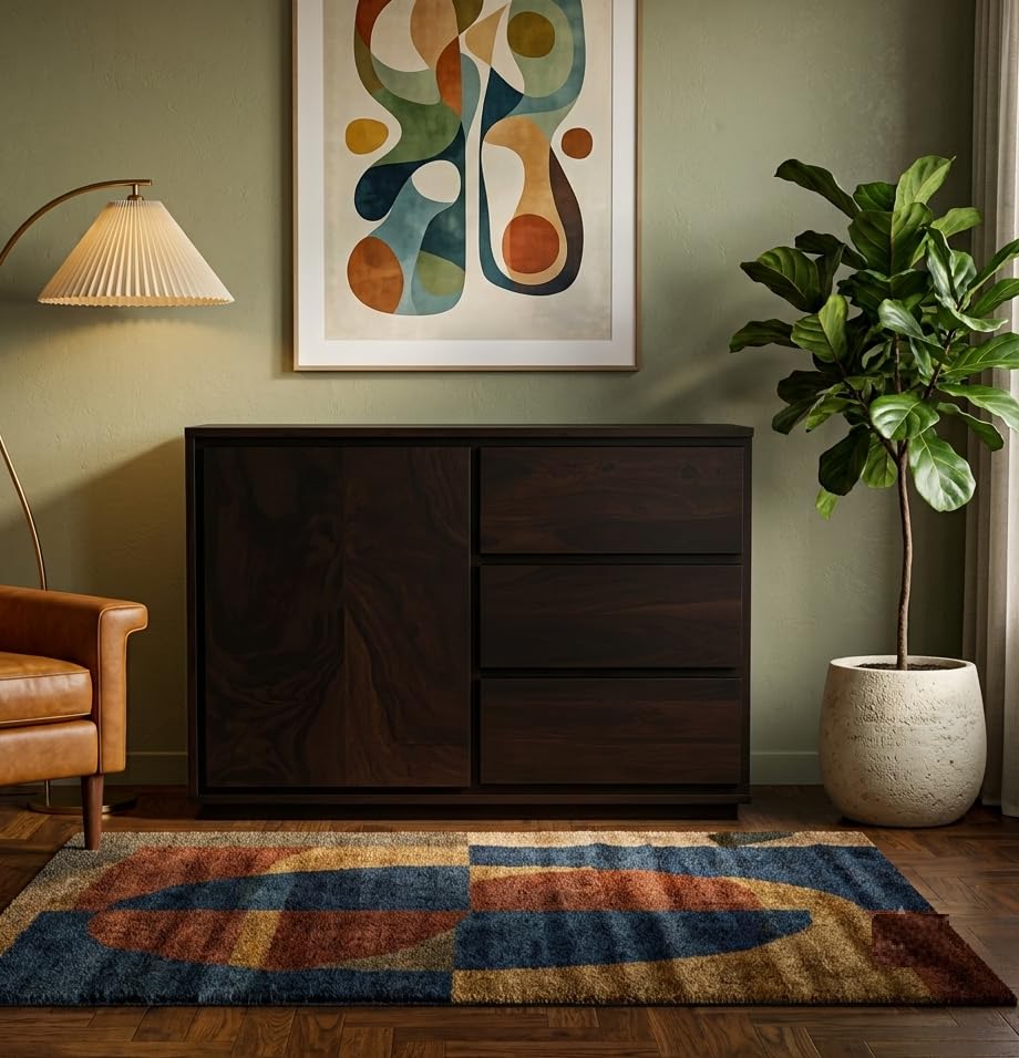 Wooden Sideboard Cabinet for Living Room | Free Standing Movable Tv Unit Side Board Table with Drawer & Wooden Chest of Drawers Furniture for Home (Walnut Finish)-image-36