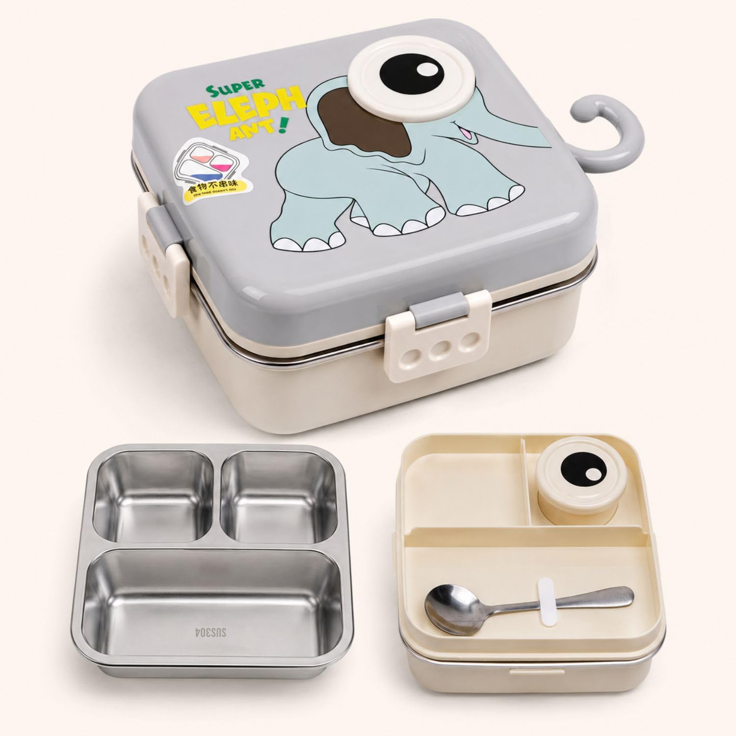 Toy Imagine Kids Stainless Steel Lunch Box for School, 3-Compartment 1120ml + 70ml Sauce Container Bento Tiffin with Spoon, Leak-Resistant, BPA-Free Insulated Food Box for Boys & Girls, Elephant Grey-image-8